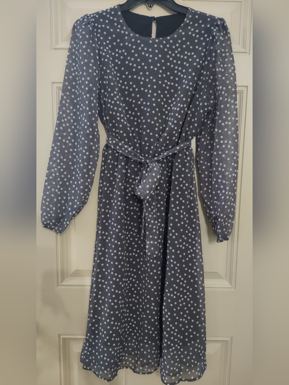 Gray Polka Dot Long Sleeve Tie-Waist Dress